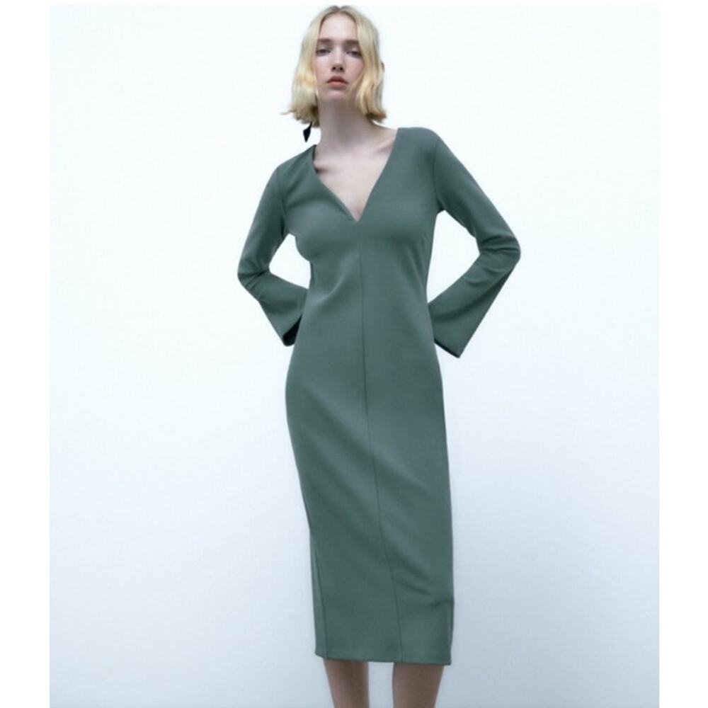 NWT Zara Green V Neck‎ Long Flared Sleeve Midi Dress Size S